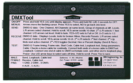 Back of DMXTool showing Quick Reference